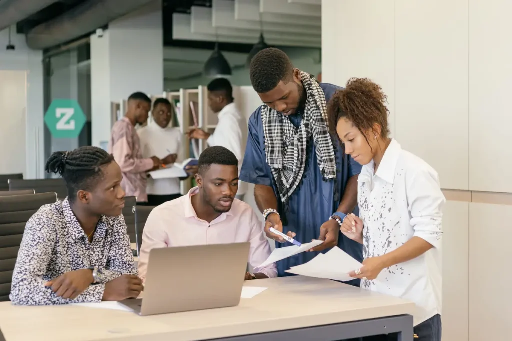 A team of workers collaborating on a project